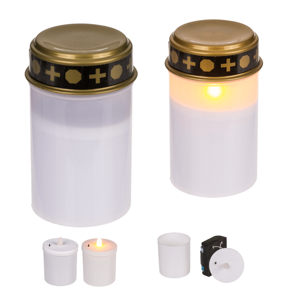 Hřbitovní elektrická LED svíčka na baterie bílá 12,5 x 7 cm zlaté víčko